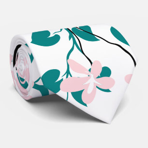 Teal blue and black branch, blush pink flowers neck tie