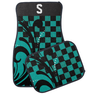 Teal Blue and Black Checkered Monogram Car Mat