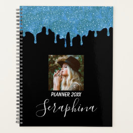 Teal Blue and Black Custom Photo Glitter Drips Planner