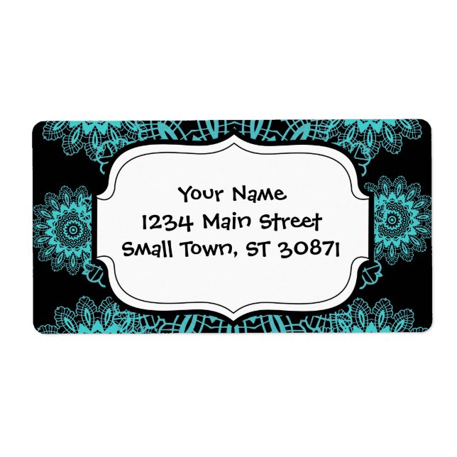 Teal Blue and Black Doily Lace Snowflake Mandala Label (Front)