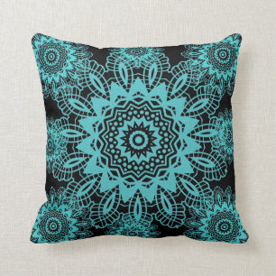 Teal Blue and Black Doily Lace Snowflake Mandala Throw Pillow