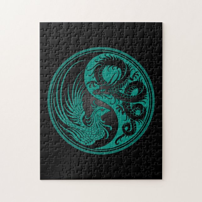 Teal Blue and Black Dragon Phoenix Yin Yang Jigsaw Puzzle (Vertical)