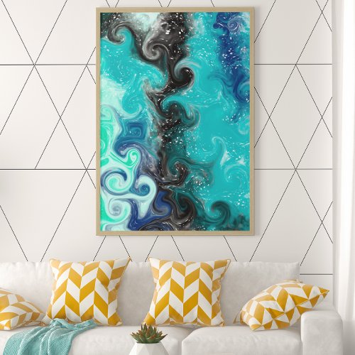 Teal Blue and Black Fluid Art Marble Swirls   Canvas Print