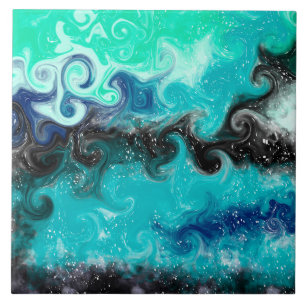 Teal, Blue and Black Fluid Art Marble Swirls Ceramic Tile