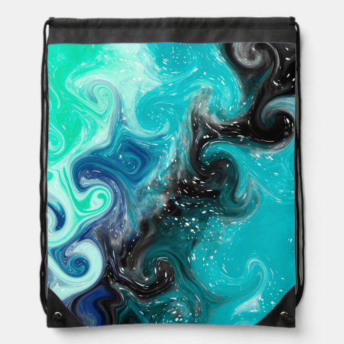 Teal Blue and Black Fluid Art Marble Swirls    Drawstring Bag