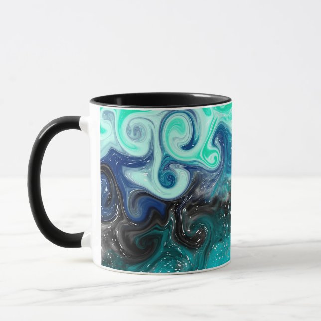 Teal, Blue and Black Fluid Art Marble Swirls  Mug (Left)