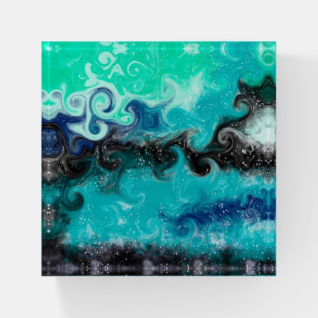 Teal, Blue and Black Fluid Art Marble Swirls   Paperweight (Front)