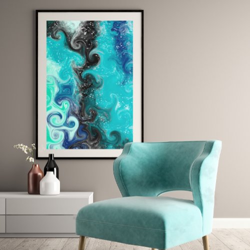 Teal Blue and Black Fluid Art Marble Swirls   Poster