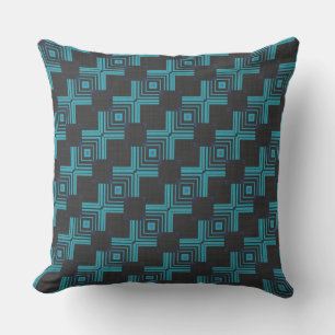 Teal Blue and Black Geometric Pattern Throw Pillow