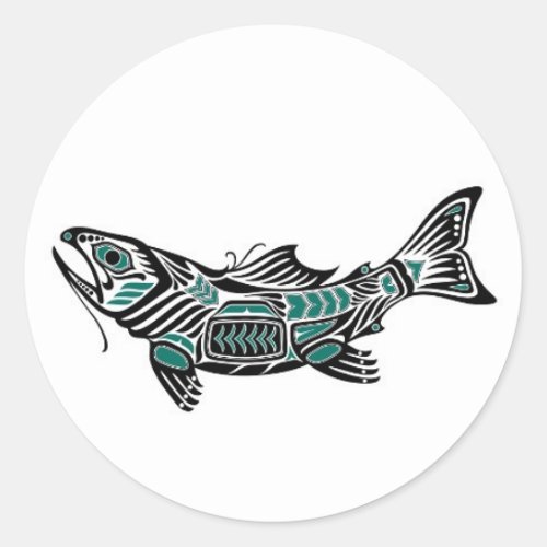 Teal Blue and Black Haida Spirit Fish Classic Round Sticker