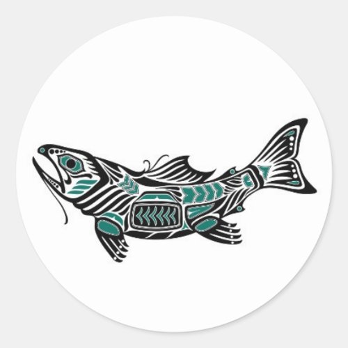 Teal Blue and Black Haida Spirit Fish Classic Round Sticker