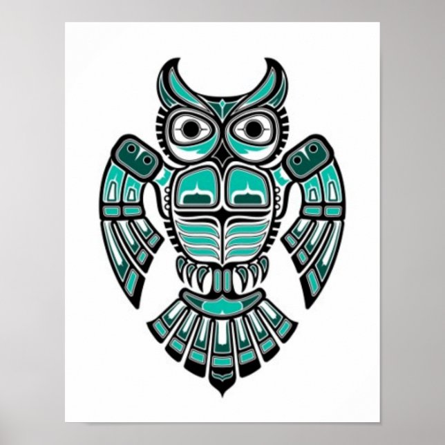 Teal Blue and Black Haida Spirit Owl Poster (Front)