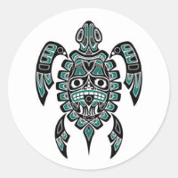 Teal Blue and Black Haida Spirit Sea Turtle Classic Round Sticker