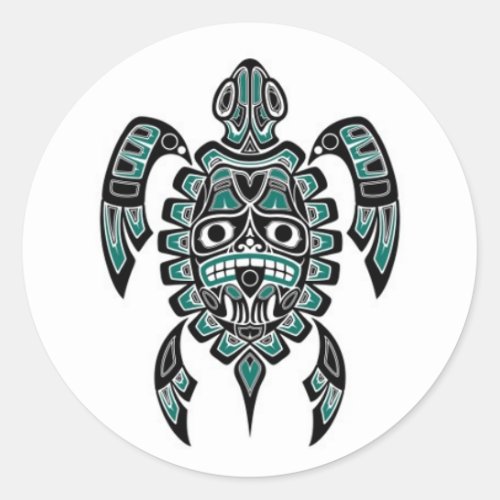 Teal Blue and Black Haida Spirit Sea Turtle Classic Round Sticker