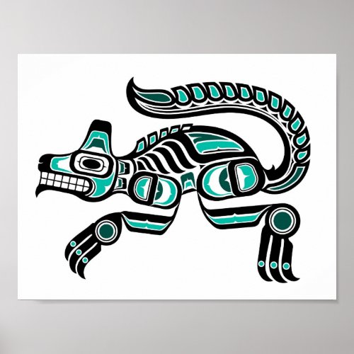 Teal Blue and Black Haida Spirit Wolf Poster