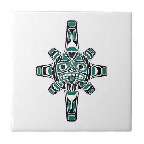 Teal Blue and Black Haida Sun Mask on White Ceramic Tile