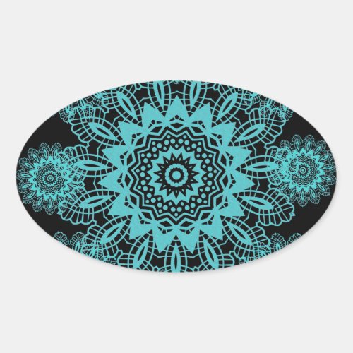 Teal Blue and Black Lace Snowflake Mandala Oval Sticker