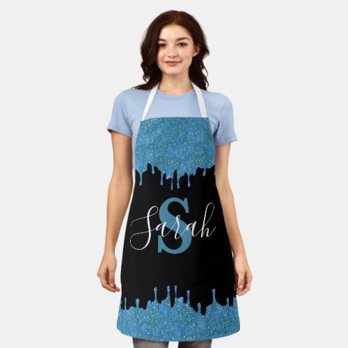 Teal Blue and Black Monogram Glitter Drips Apron