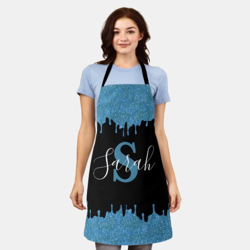 Teal Blue and Black Monogram Glitter Drips Apron