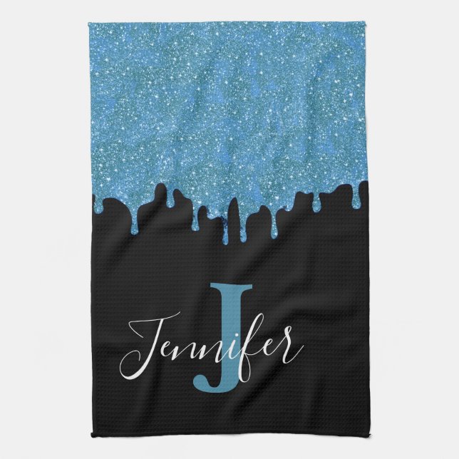 Teal Blue and Black Monogram Glitter Drips Kitchen Towel (Vertical)