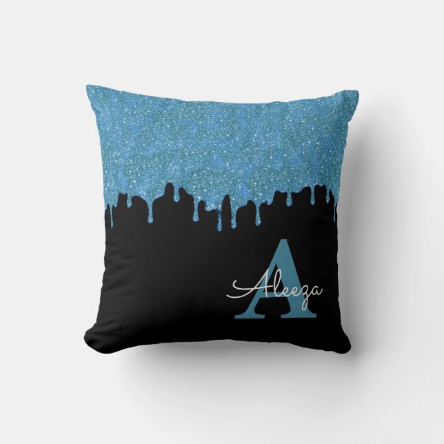 Teal Blue and Black Monogram Glitter Drips Throw Pillow (Front)