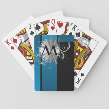 Teal Blue And Black Monogram Playing Cards by monogramgiftz at Zazzle