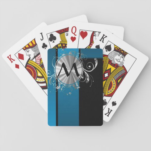 Teal blue and black monogram poker cards