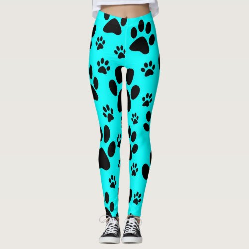 Teal blue and black paw print leggings