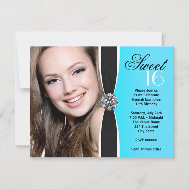 Teal Blue and Black Photo Birthday Party Invitation (Front)