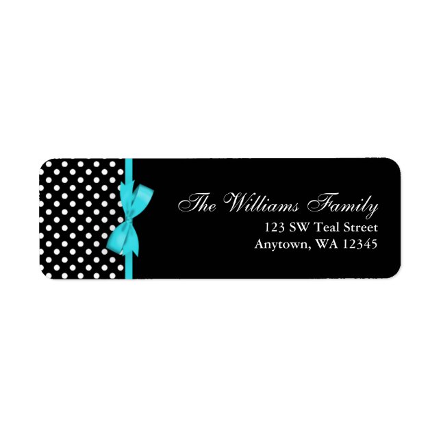 Teal Blue and Black Polka Dot Bow Label (Front)