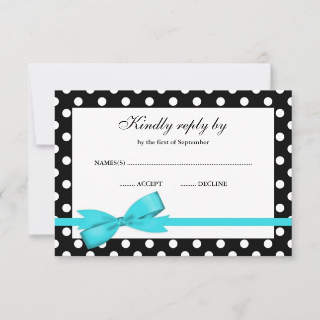 Teal Blue and Black Polka Dot Bow RSVP Card (Front)