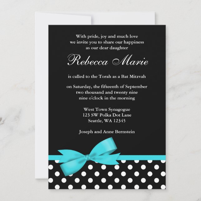 Teal Blue and Black Polka Dots Bow Bat Mitzvah Invitation (Front)