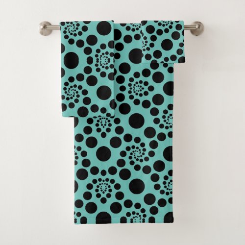 Teal Blue and Black Retro Polka Dots Bath Towel Set