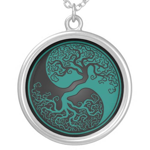 Teal Blue and Black Tree of Life Yin Yang Silver Plated Necklace