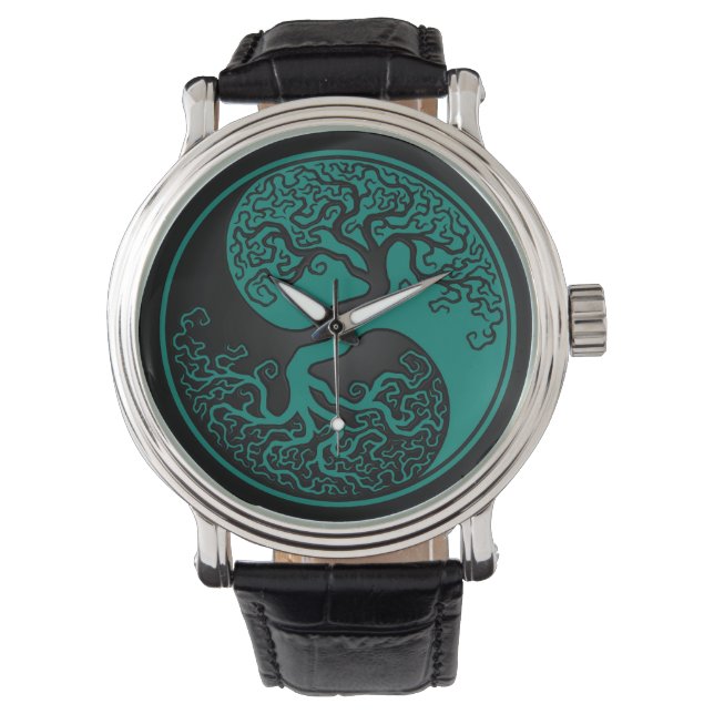 Teal Blue and Black Tree of Life Yin Yang Watch (Front)