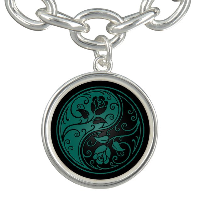 Teal Blue and Black Yin Yang Roses Bracelet (Design)