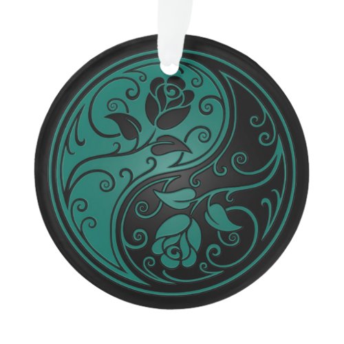 Teal Blue and Black Yin Yang Roses Ornament