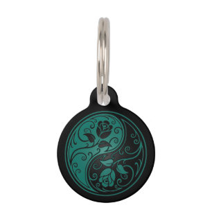 Teal Blue and Black Yin Yang Roses Pet ID Tag
