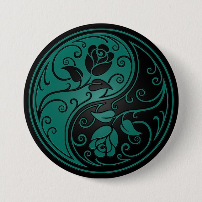 Teal Blue and Black Yin Yang Roses Pinback Button (Front)