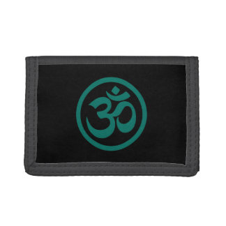 Teal Blue and Black Yoga Om Circle Trifold Wallet