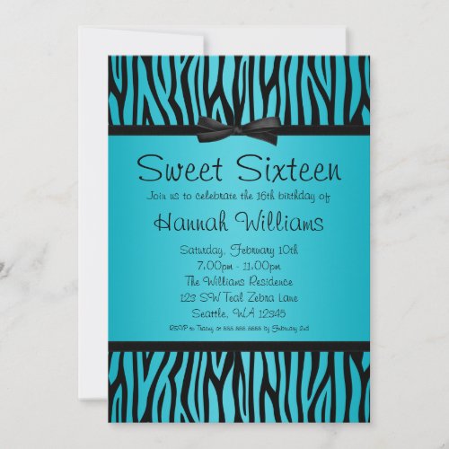 Teal Blue and Black Zebra Bow Sweet 16 Birthday Invitation