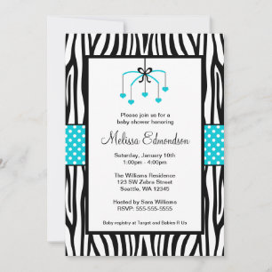Teal Blue and Black Zebra Heart Mobile Baby Shower Invitation
