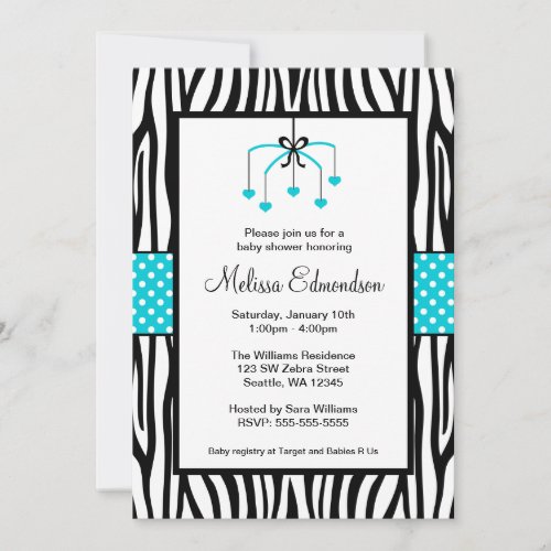Teal Blue and Black Zebra Heart Mobile Baby Shower Custom Invitations