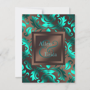 Teal Blue and Chocolate Brown Wedding Invitation