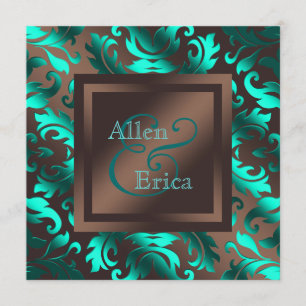 Teal Blue and Chocolate Brown Wedding Invitation