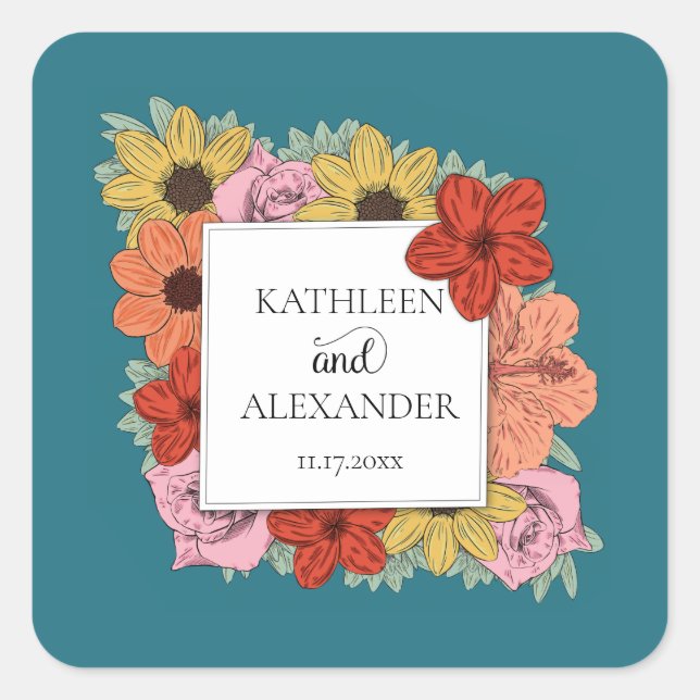 Teal Blue and Colorful Flowers Envelope Seal (Front)