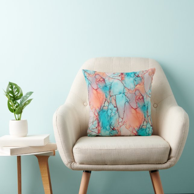 Teal Blue and Coral Orange Fluid Marble Throw Pillow (Chair)