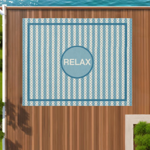 Teal Blue and Cream Striped Polka Dots Outdoor Rug