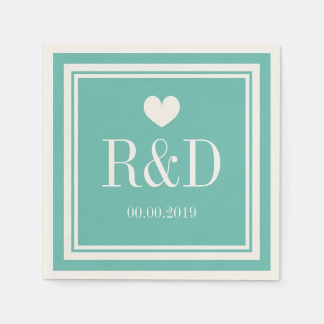 Teal blue and ecru monogram paper wedding napkins (Front)