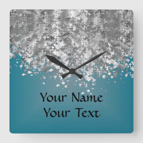 Teal blue and faux glitter square wall clock
